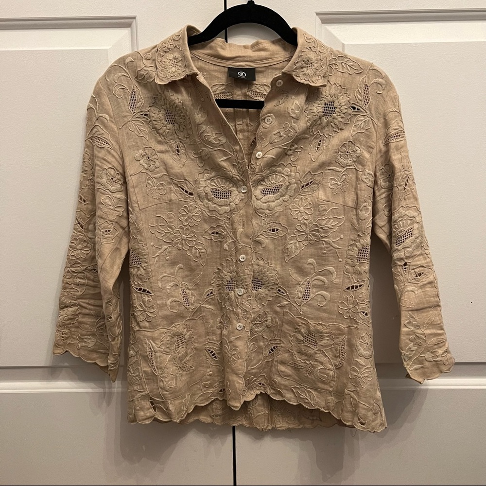 Bogner Linen Embroidered Button Down Top Tan